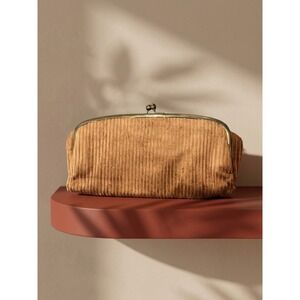 Vintage HL USA Corduroy Kiss Lock Clutch Bag Brown Gold Tone Chain Strap